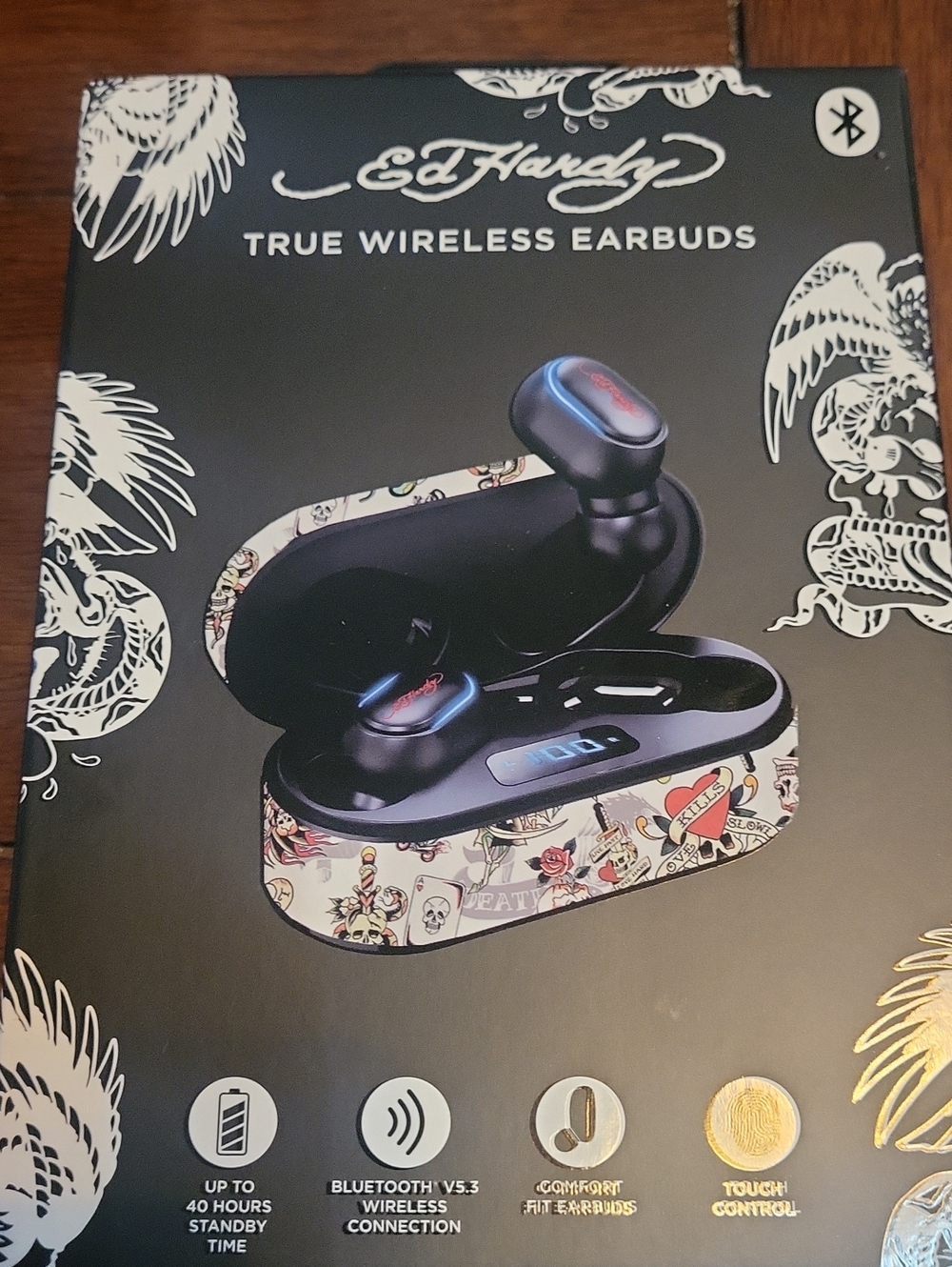 Ed Hardy True Wireless Earbuds — Black with White Tattoo-Print Case